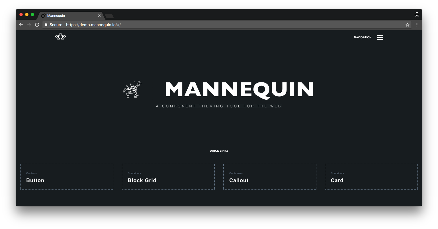 Screenshot of the Mannequin website. The mascot waves hello next to the site title and navigation.