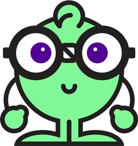 Round, green cartoon character with glasses.