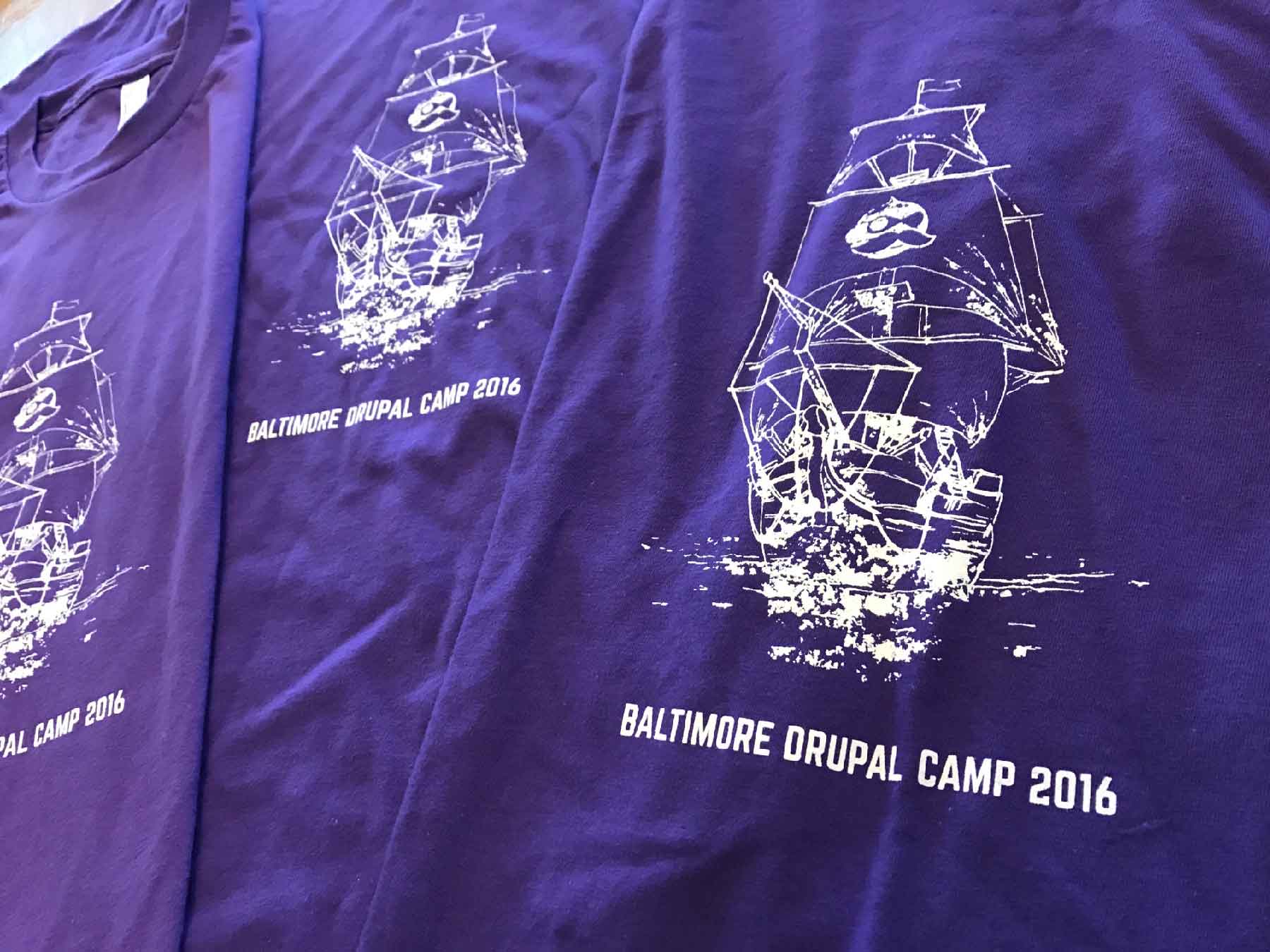 Baltimore Drupal Camp shirts with historic ship drawing