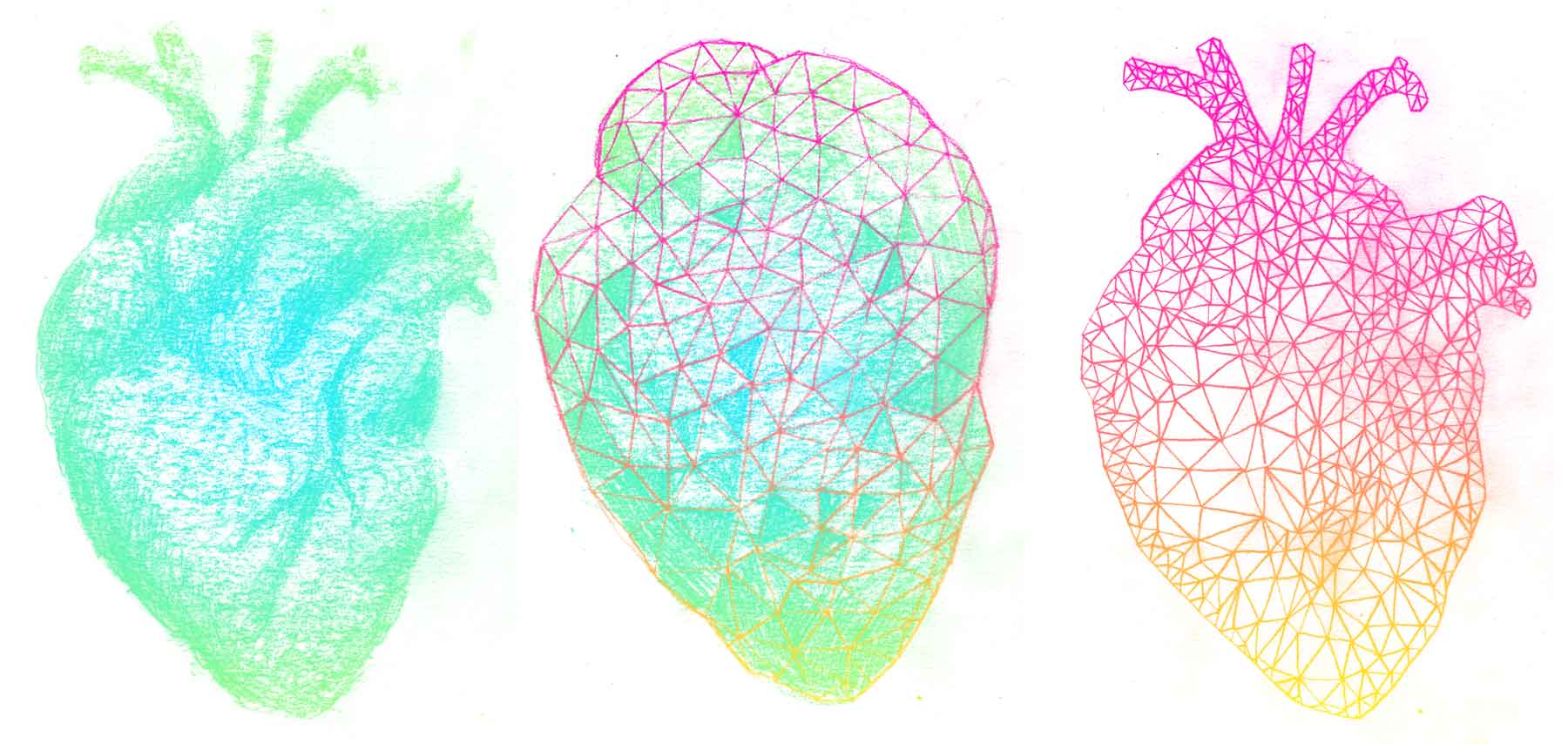 Three early iterations of the heart illustration used in the site design.