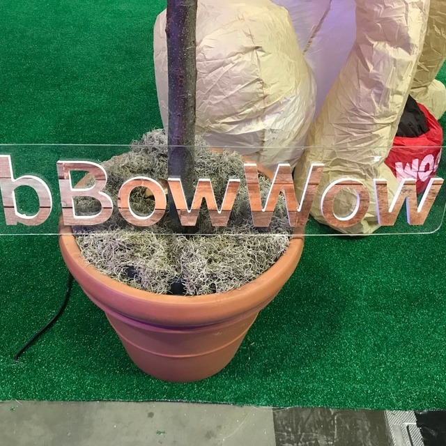 Plant pot with plastic letters in it, reading BbBowWow, at the entrance of the dog visitation area.