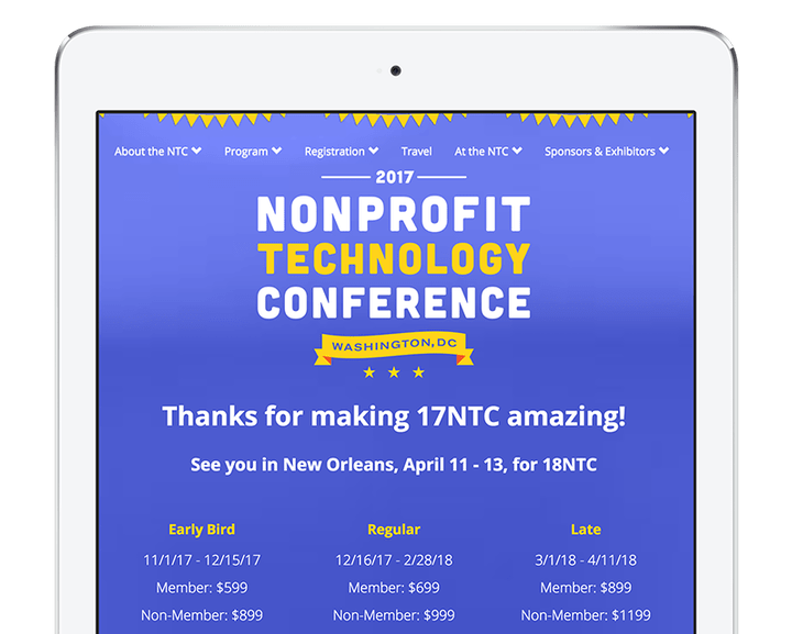Tablet shows the NTC-17 homepage, which consists of a logo and type over a blue background. 