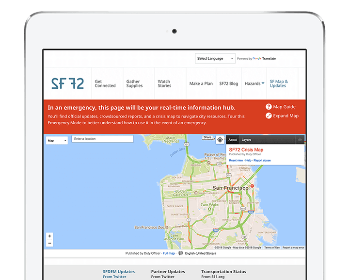 Computer tablet displaying the sf72.org website. On the website a map and a red alert can be seen.