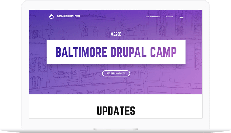 Baltimore Drupal Camp website displayed on a computer