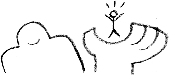 A happy yeti presenting stick figure in its palm.