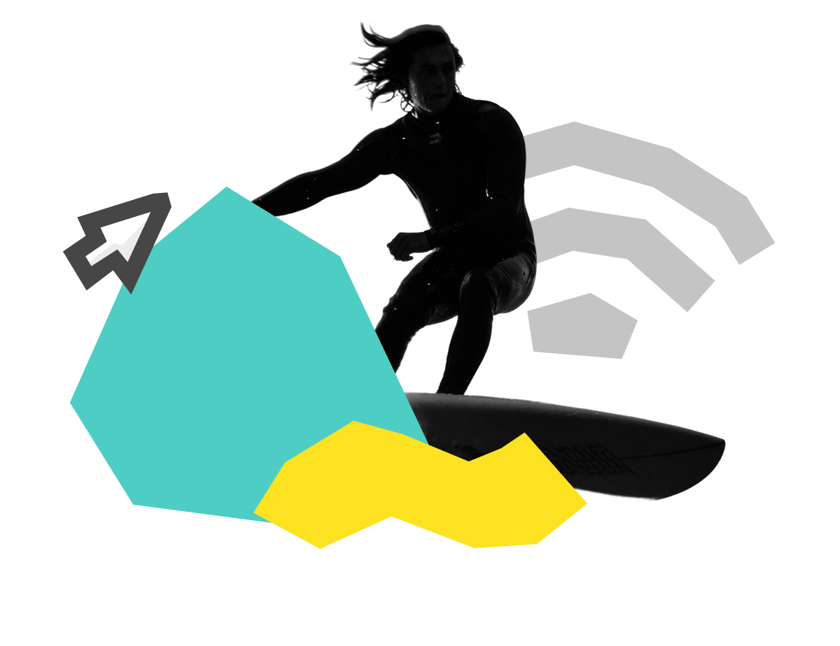 abstract illustration of a surfer surrounded by shapes
