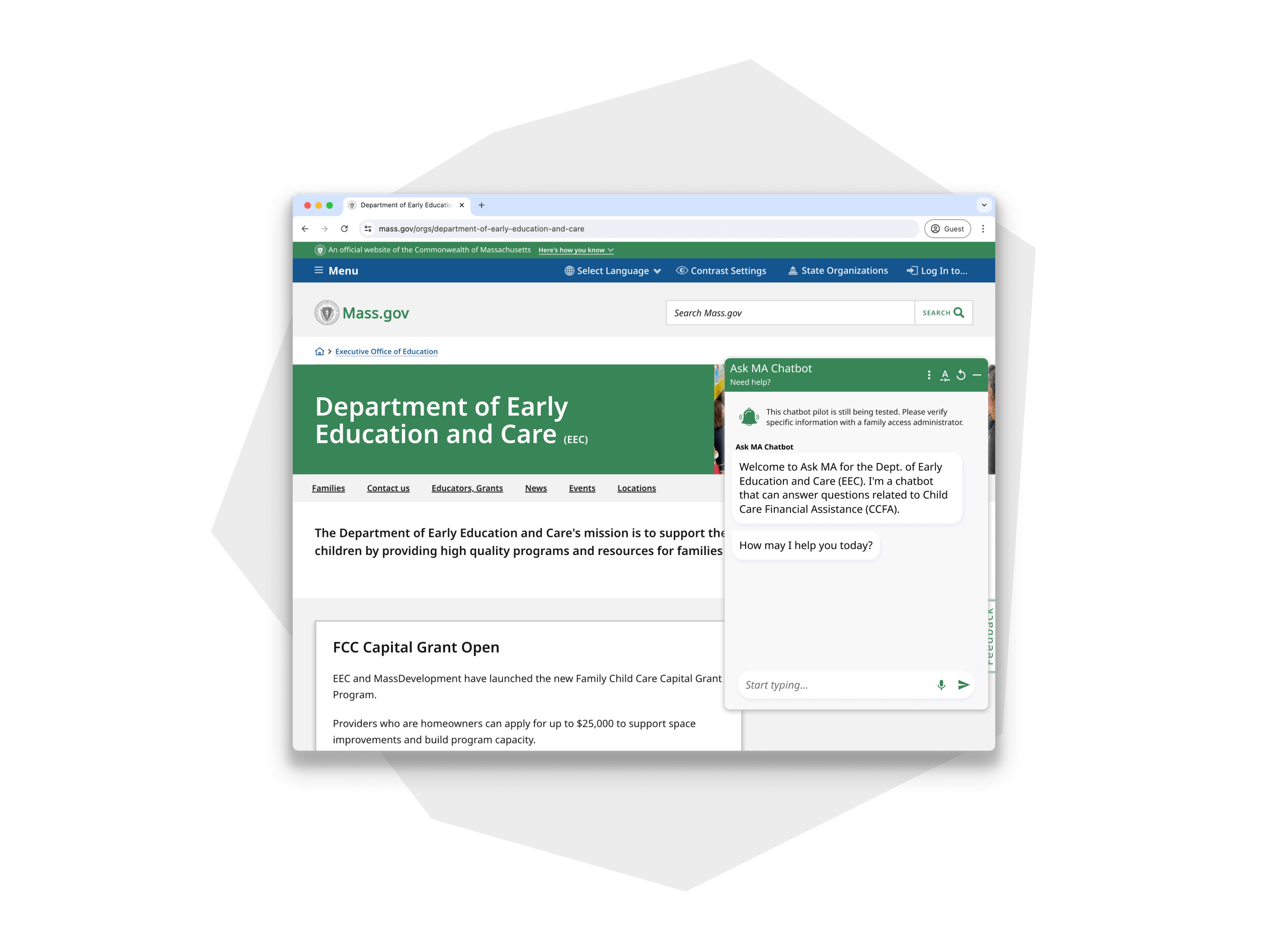 Screenshot of mass.gov's Ask MA Chatbot assisting the Department of Early Education and Care.