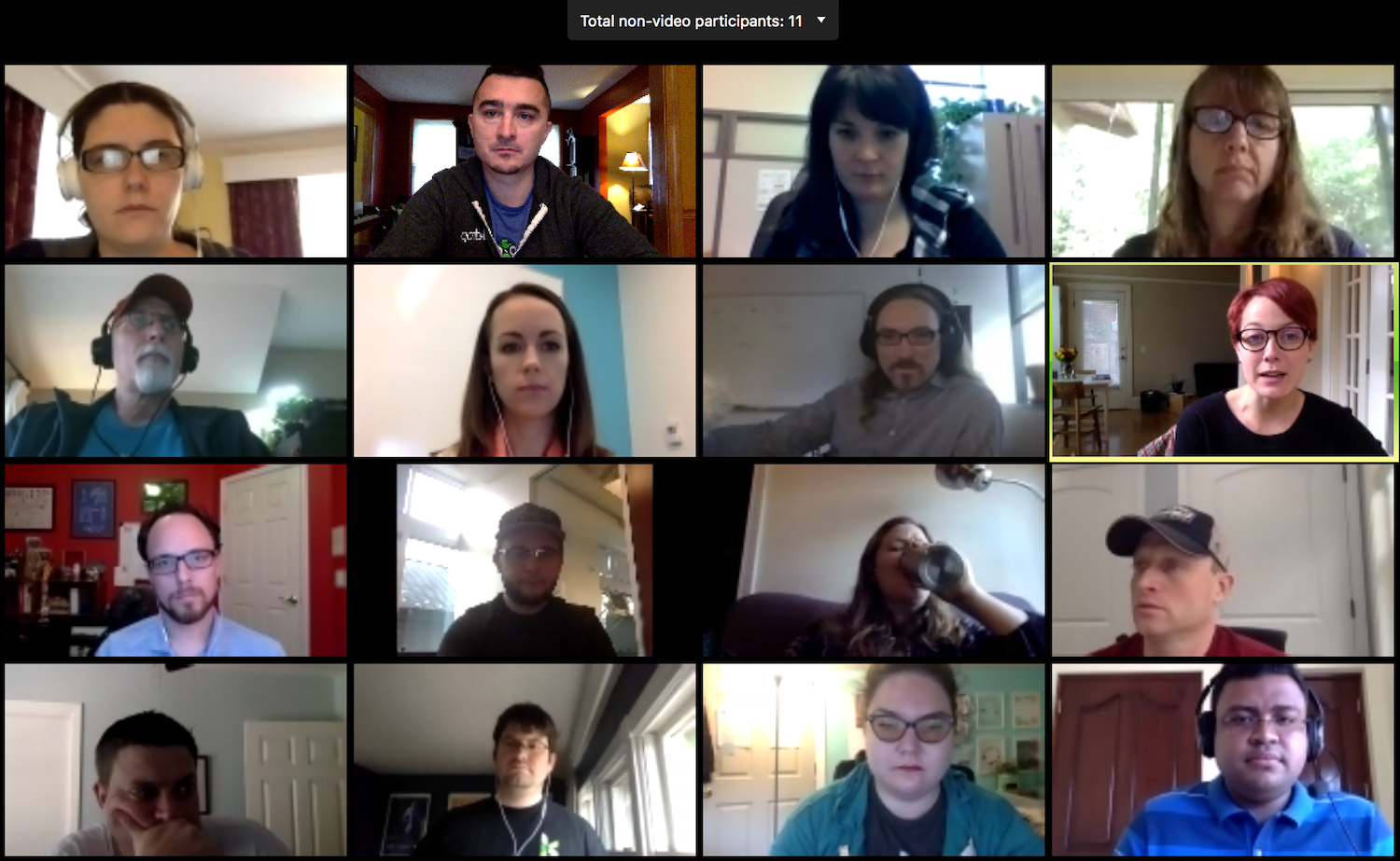 Grid view of 16 DrupalCon PM track chair members during weekly online zoom meeting
