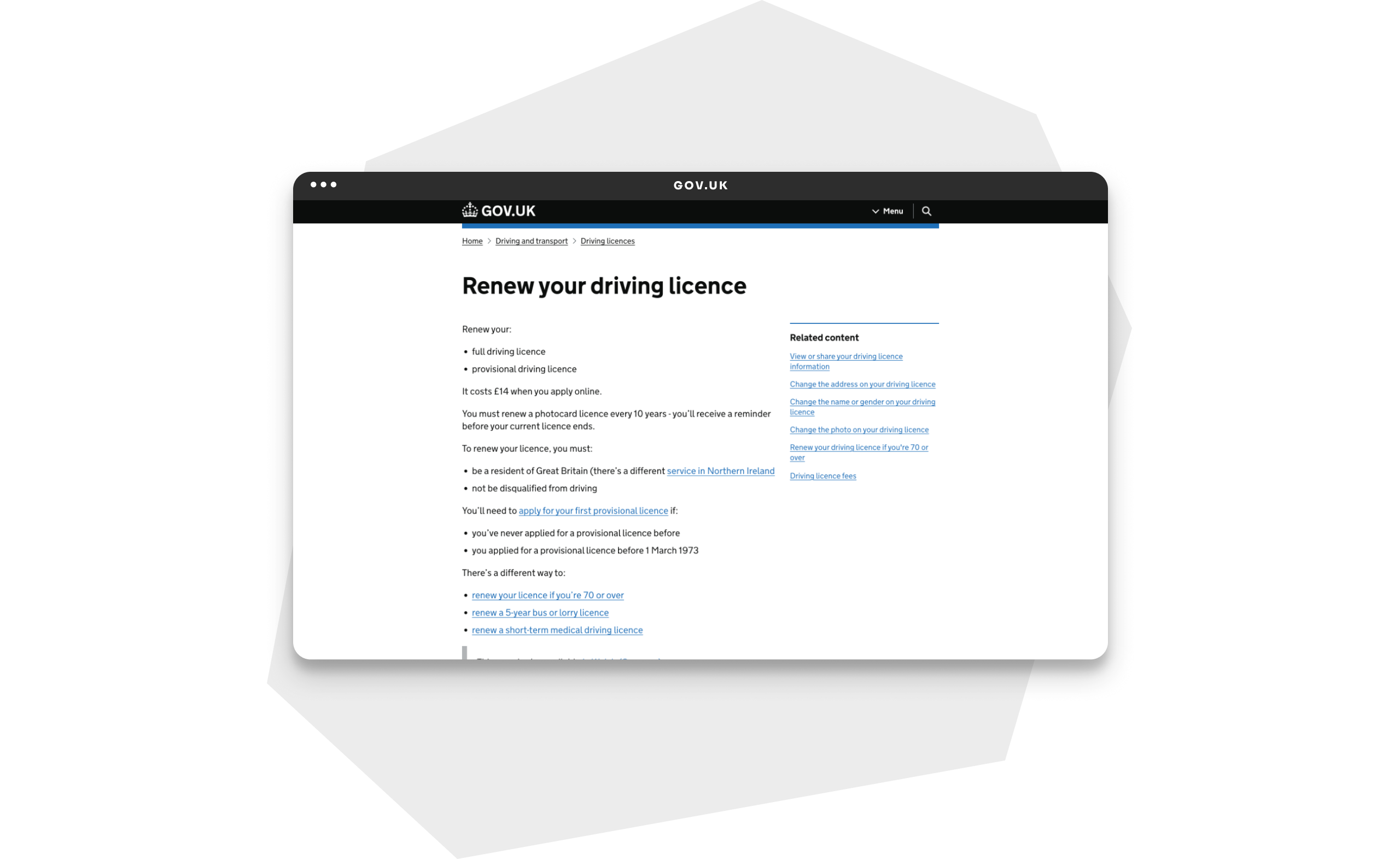 A screenshot of a GOV.UK page about renewing driving licences.