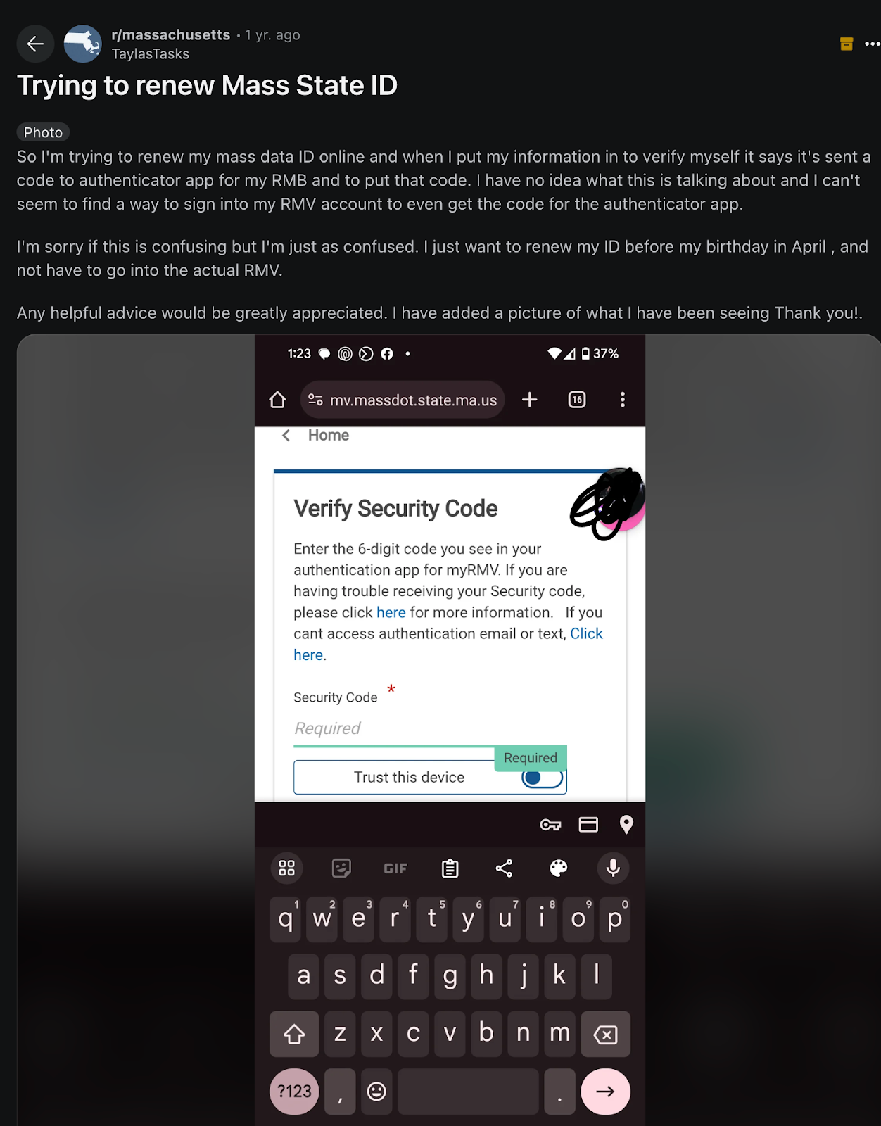 Reddit thread with user asking for help renewing their ID
