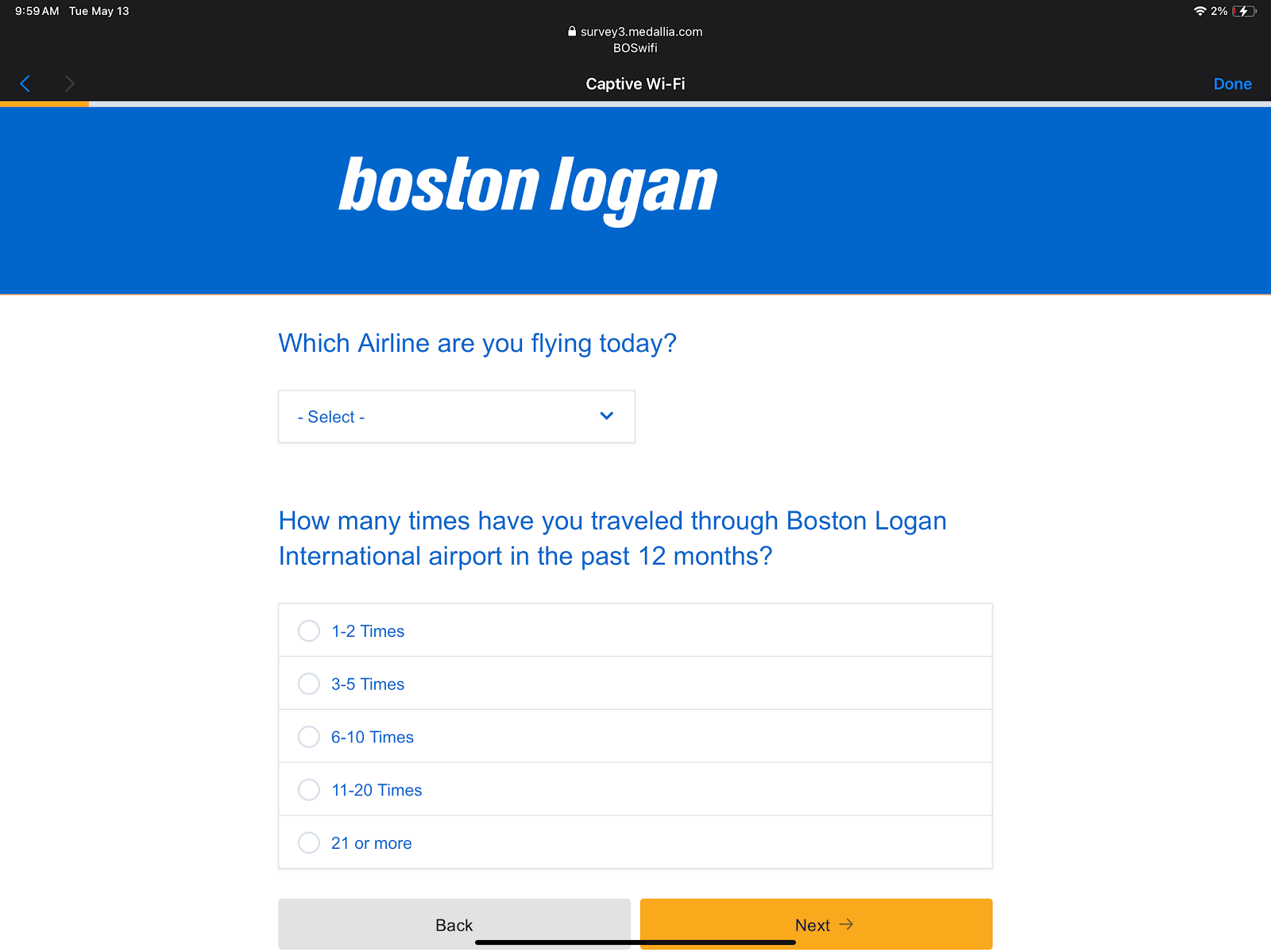 Screenshot of short survey during a Wi-Fi login