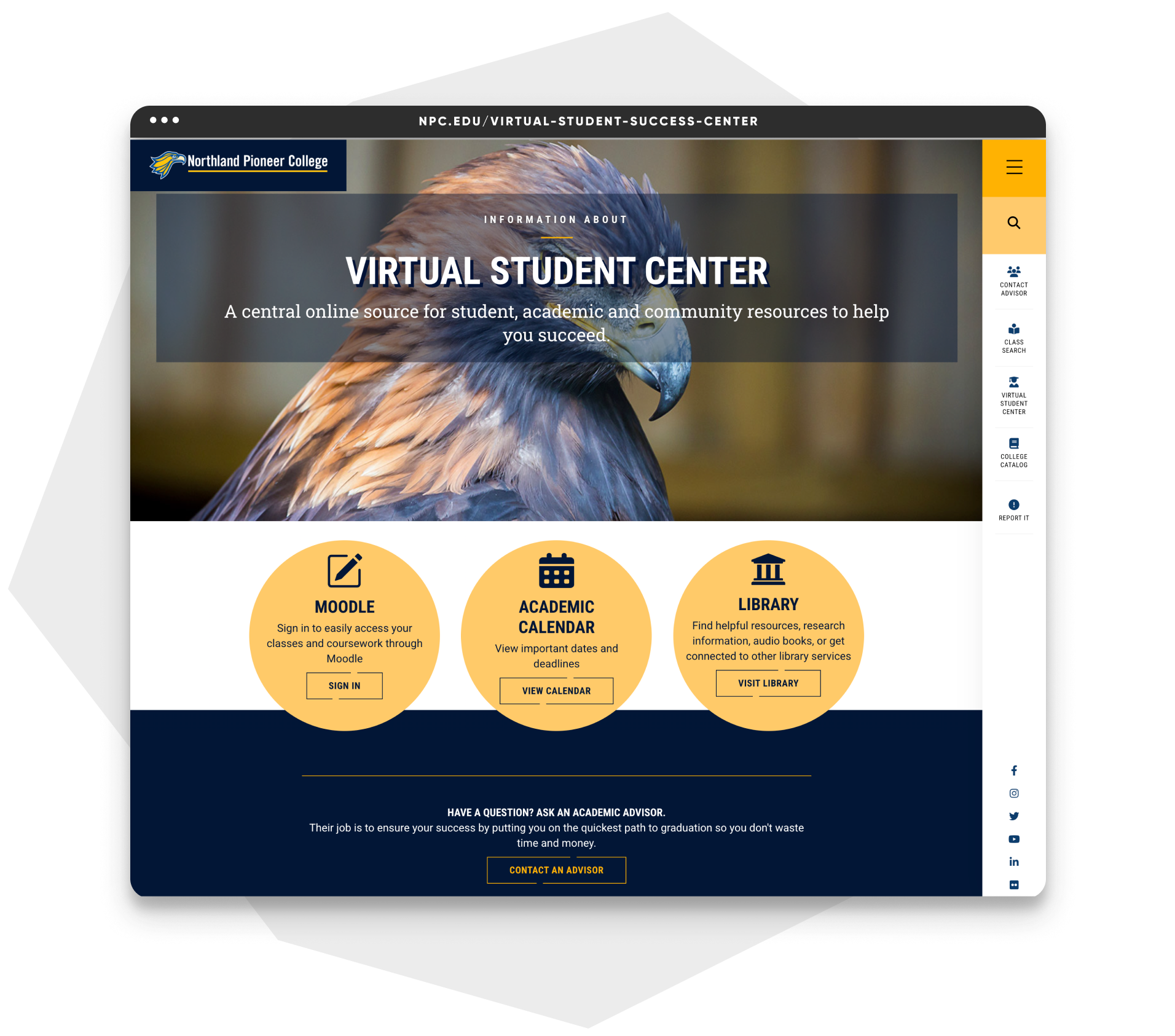 The new NPC Virtual Student Center landing page, featuring clear pathways to Moodle, the academic calendar, and the digital library. 