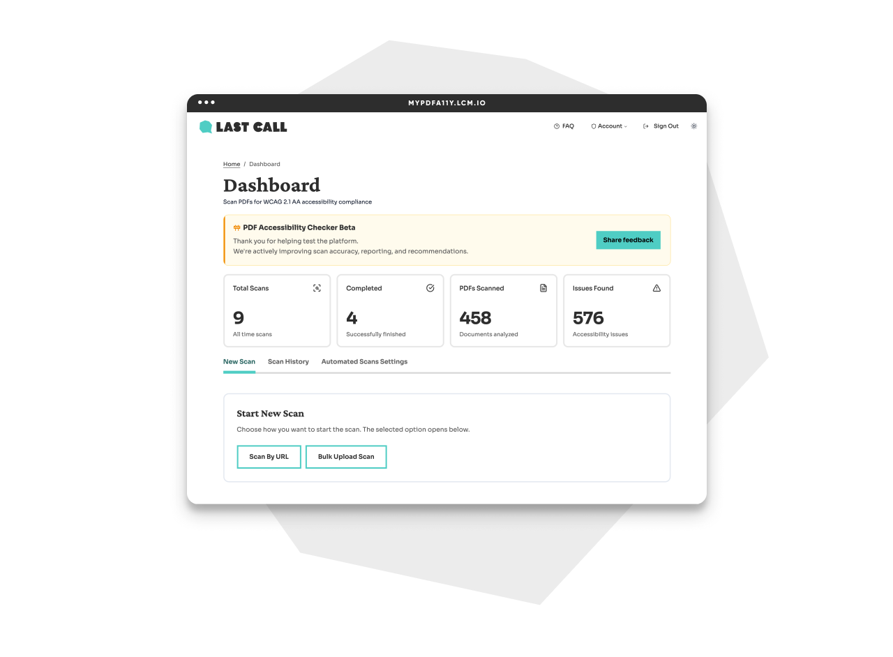 Screenshot of Last Call&rsquo;s PDF Accessibility Checker dashboard, showing scan statistics and options to start a new accessibility scan by URL or bulk upload.