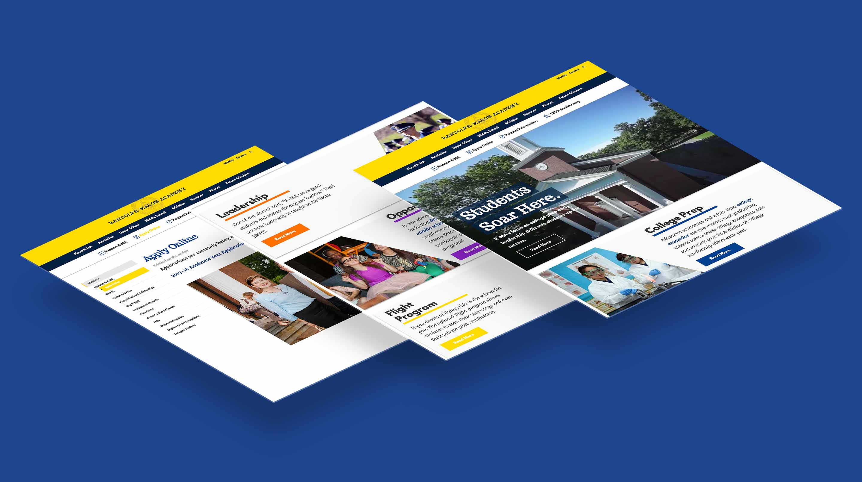 Three layered screens show the landing page and secondary pages of the Randolph-Macon Academy website.