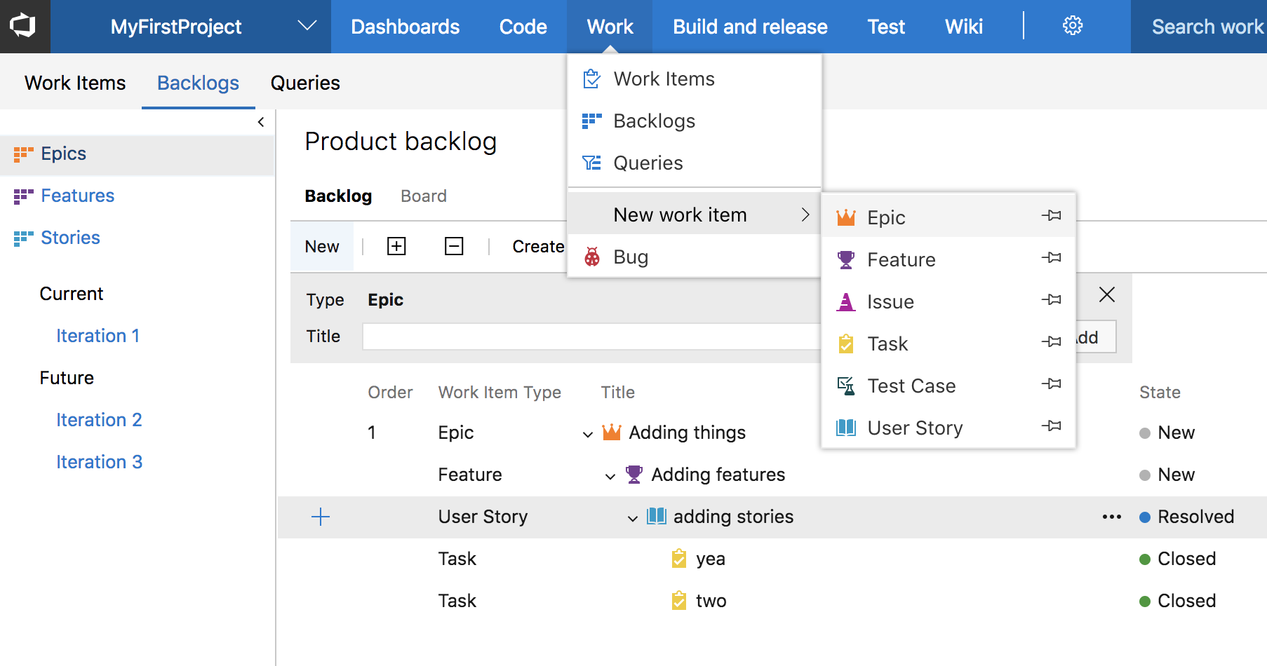 Screenshot of issue hierarchy in VSTS