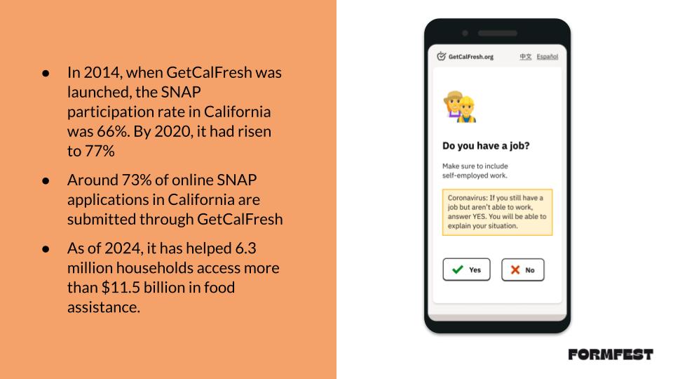 A split image showing statistics about GetCalFresh on the left and a mobile phone interface on the right. The left side has three bullet points on a peach-colored background describing SNAP participation rates and GetCalFresh's impact. The right side shows a GetCalFresh application screen asking 'Do you have a job?' with language options for Chinese and Spanish at the top, and Yes/No buttons below. There's a yellow notification box about coronavirus-related job situations.