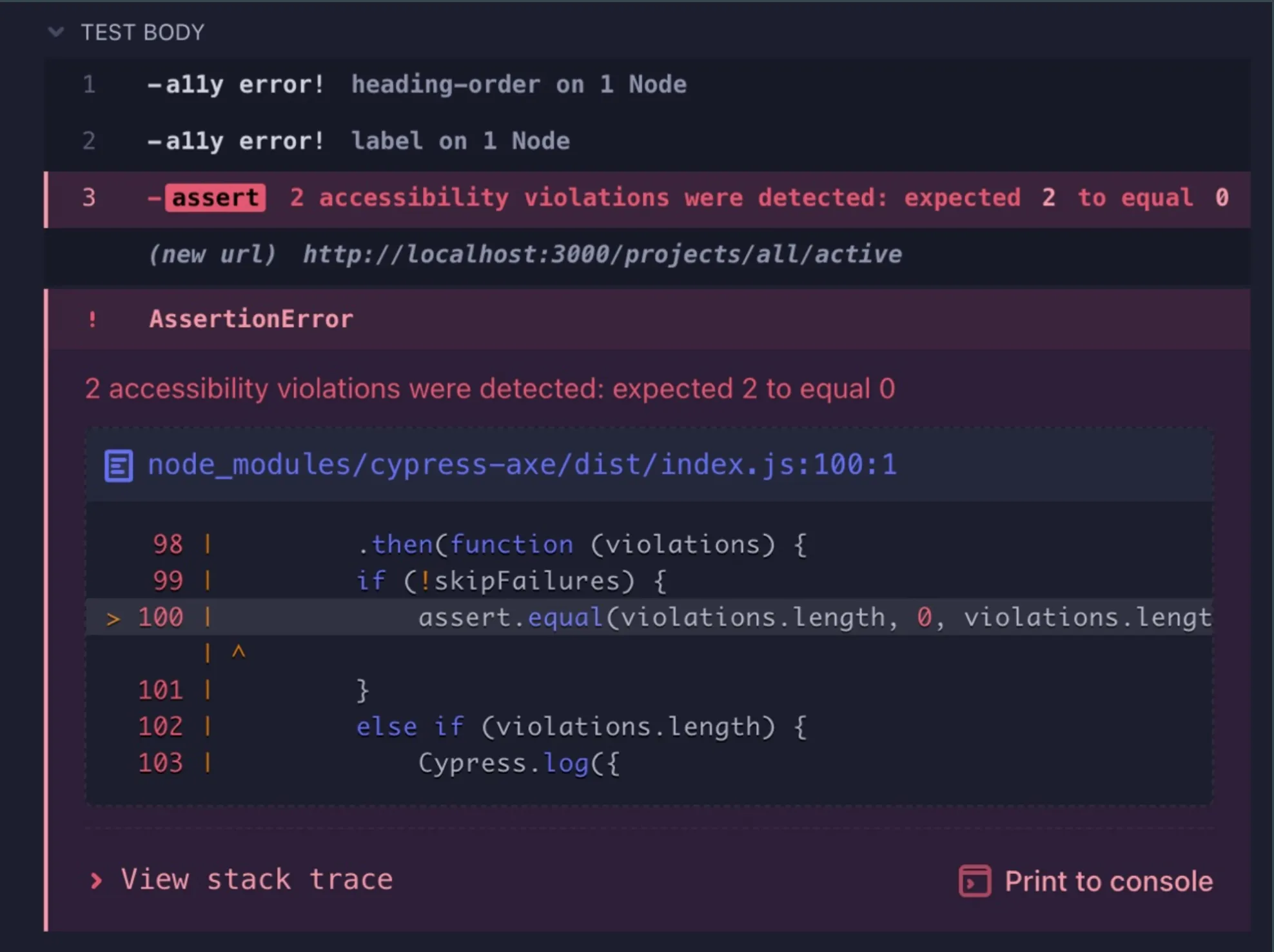 Cypress test logs, test fails due to 2 accessibility violations: heading order and missing label. Expected 0 violations but found 2.