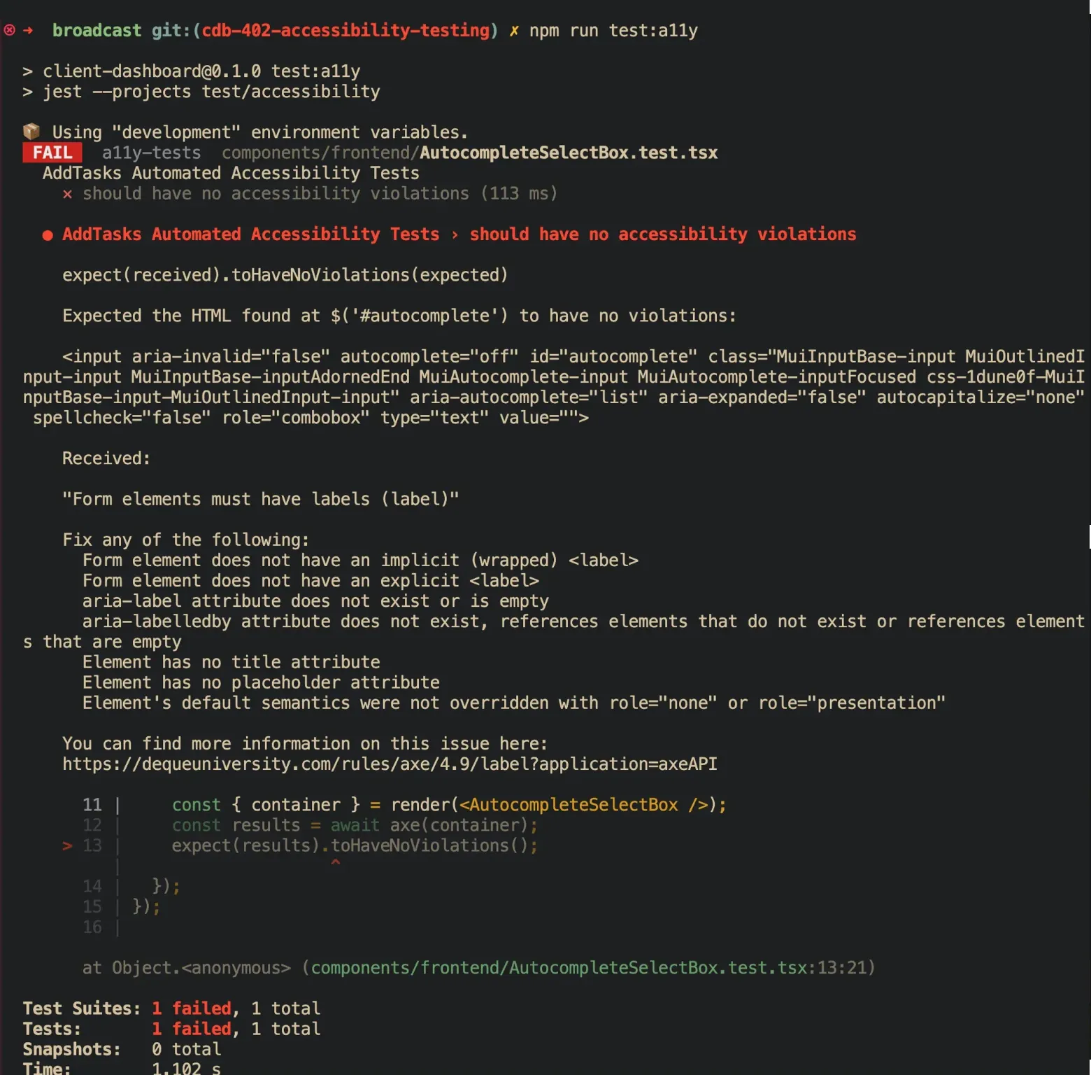 Jest accessibility test logs, test fails due to 1 violation: form element missing a label. Expected no violations but found 1.