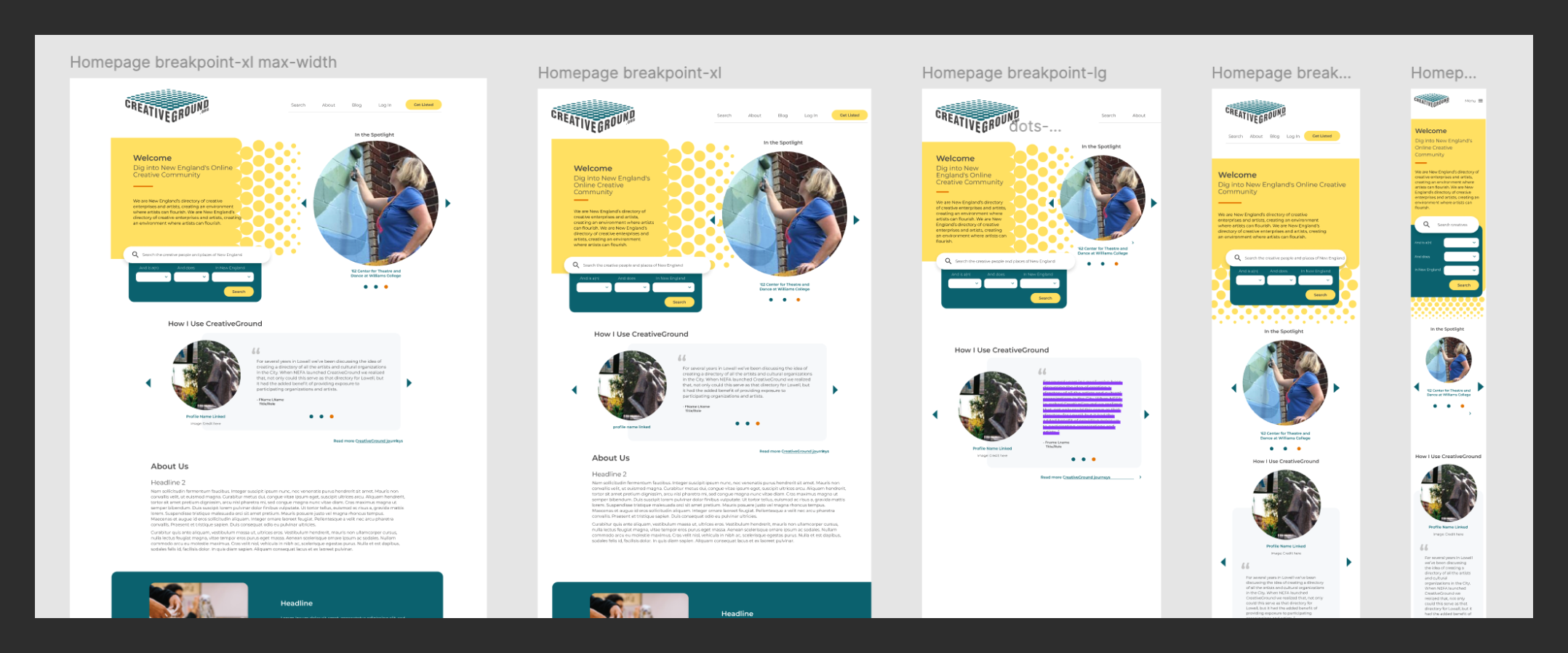 Responsive homepage design shown across multiple screen sizes, illustrating layout changes from desktop to tablet and mobile breakpoints.