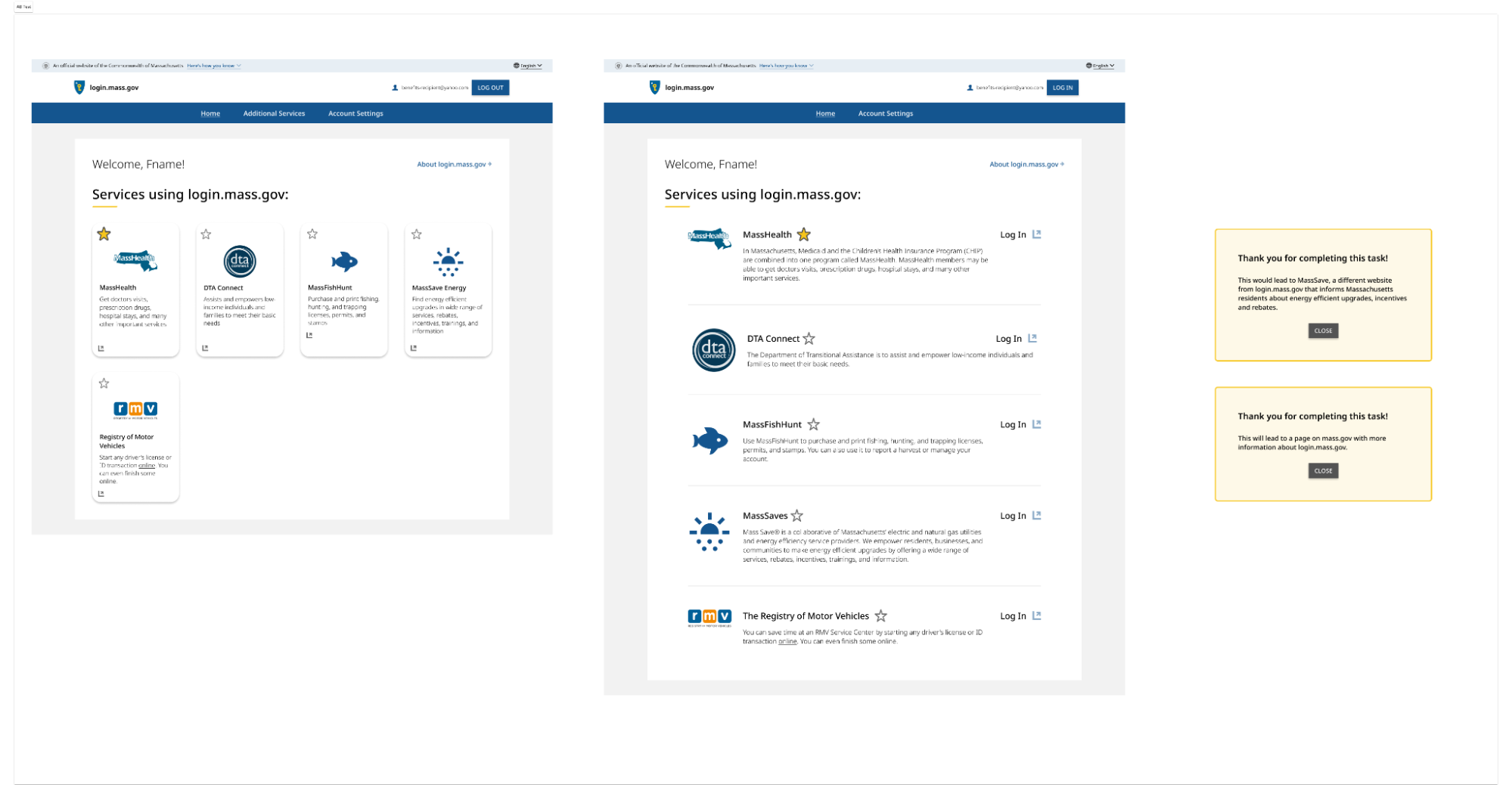 Screenshot from MyMassGov showing the services using login.mass.gov.