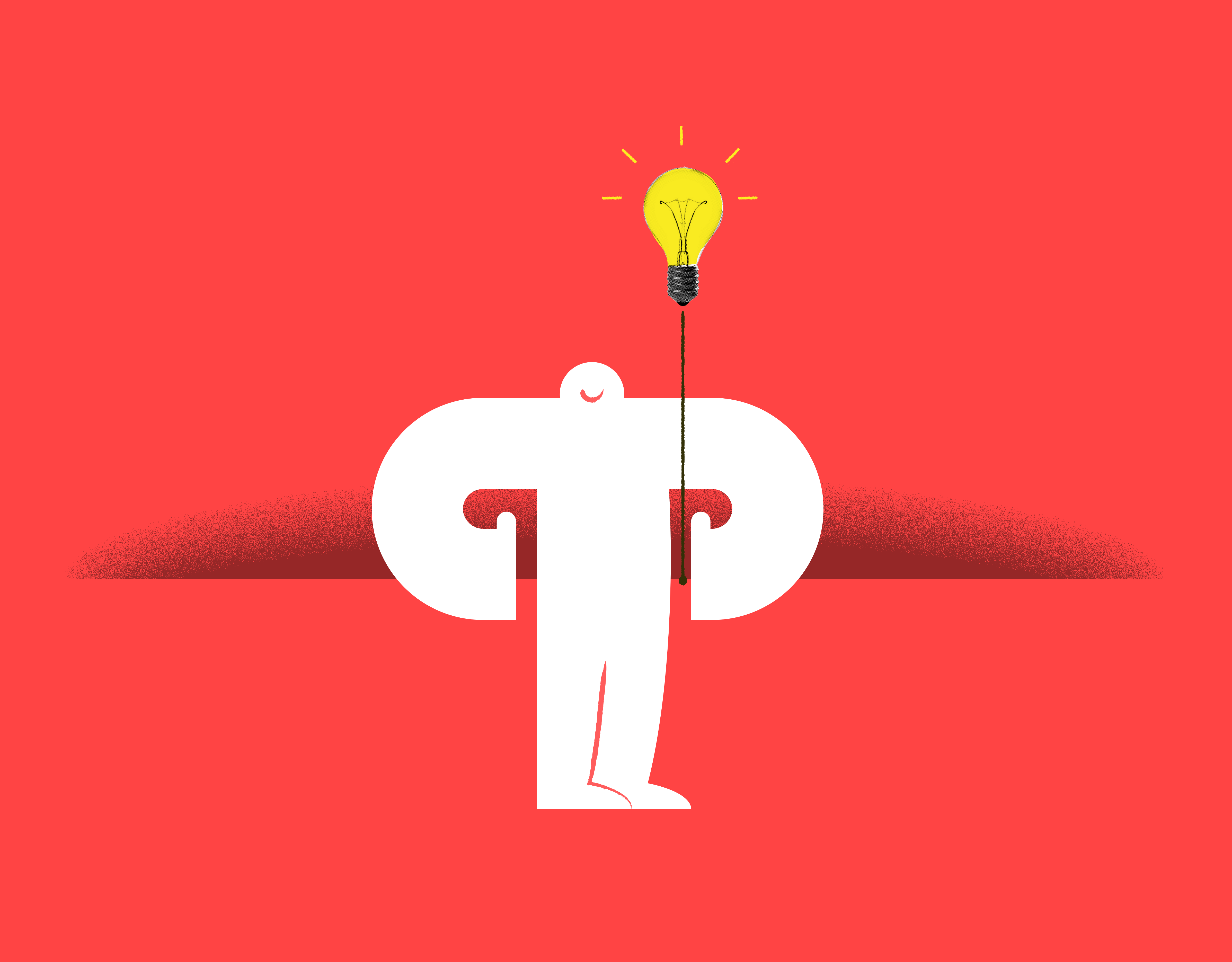 White yeti standing against a red background holding a floating light bulb connected by a string