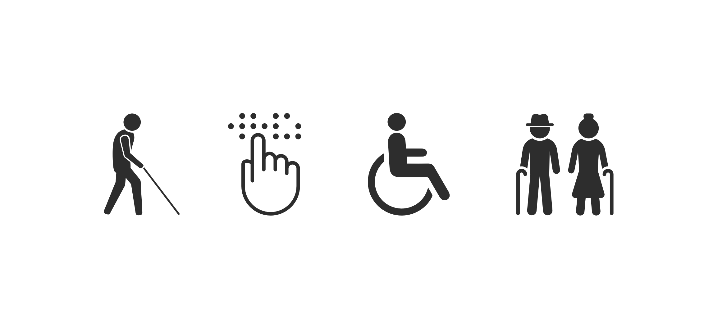 Blind icon, braille icon, wheelchair icon and elderly couple icon