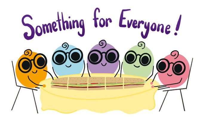 Bunch of hand drawn lil Nerdies sitting around a table with the text "something for everyone" over their heads