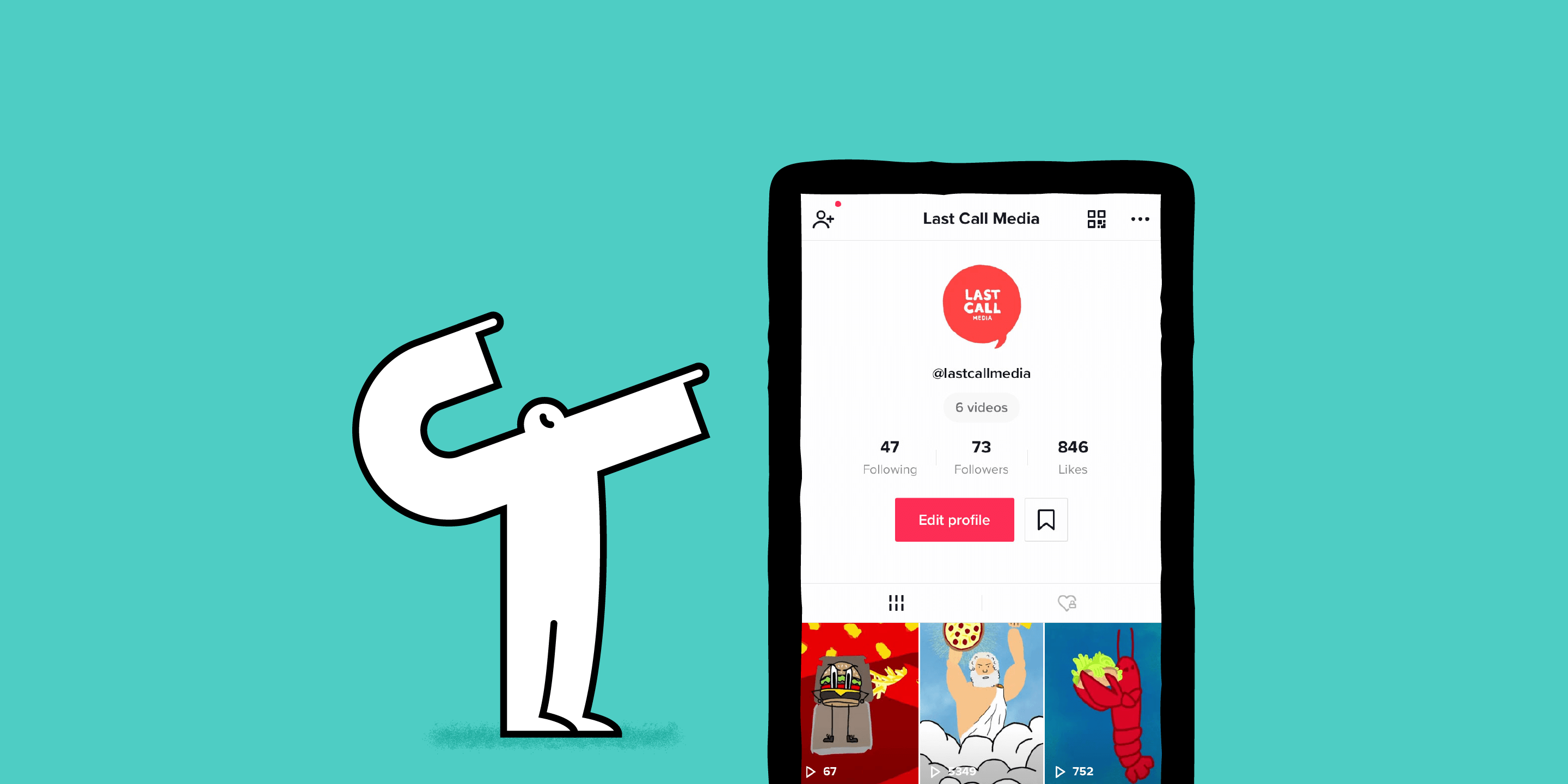 Yeti pointing to phone featuring Last Call Media's TikTok profile