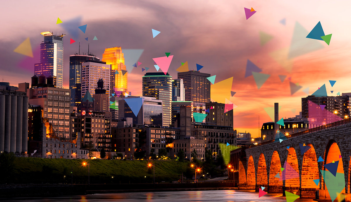 The city of Minneapolis with confetti scattered over it