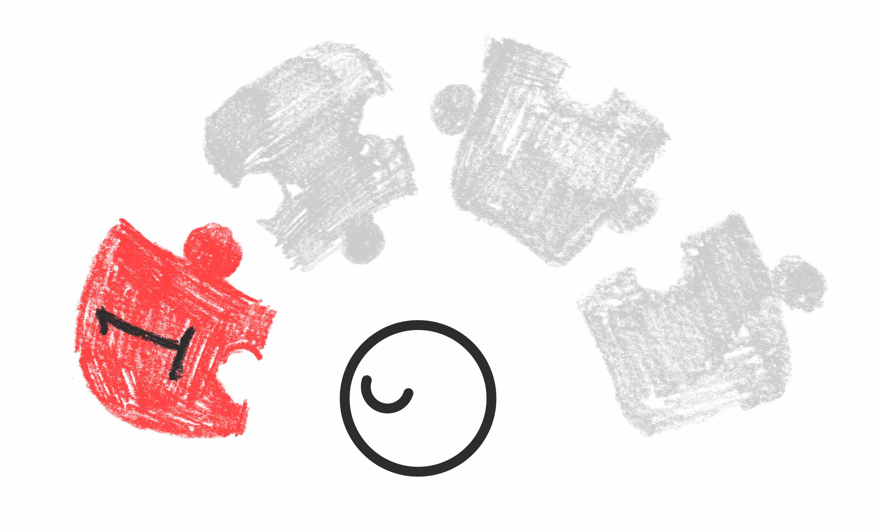 A smiling face looks at a red puzzle piece with a "1" on it. Three other puzzle pieces are greyed out.