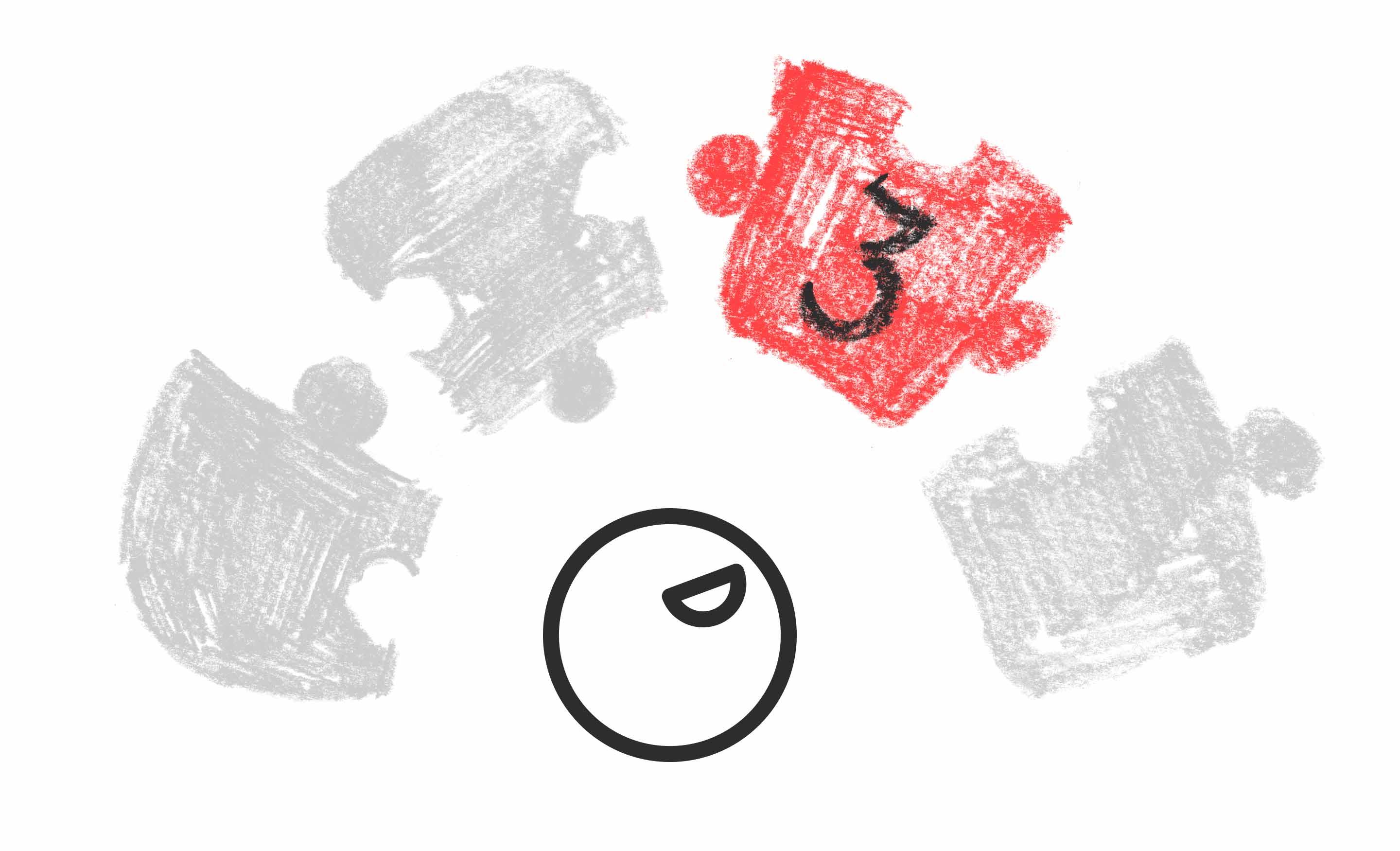 An happy face looks at a red puzzle piece with a "3" on it. Three other puzzle pieces are greyed out.