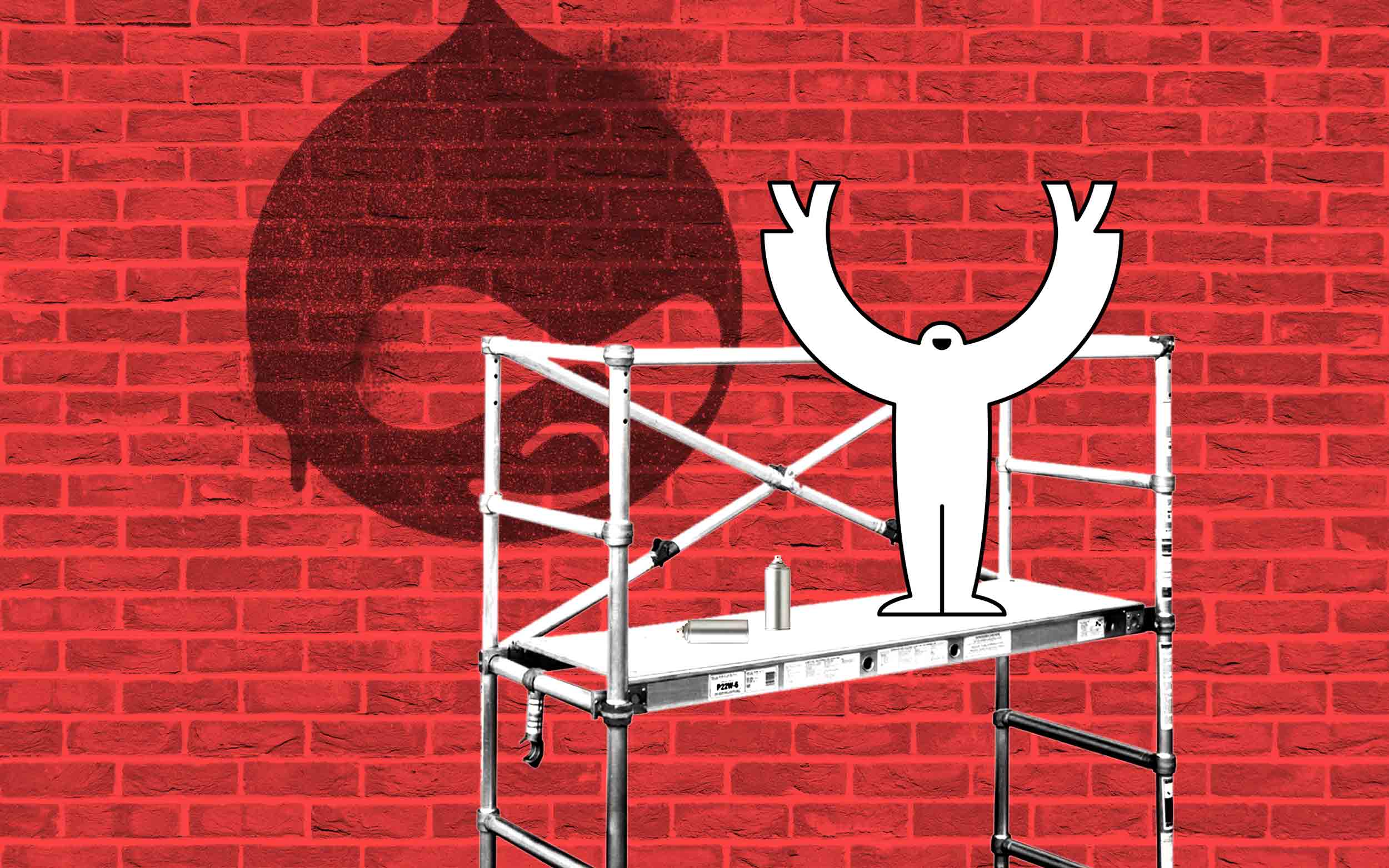A yeti standing on scaffolding in front of a brick wall with the Drupal logo spray painted on it.