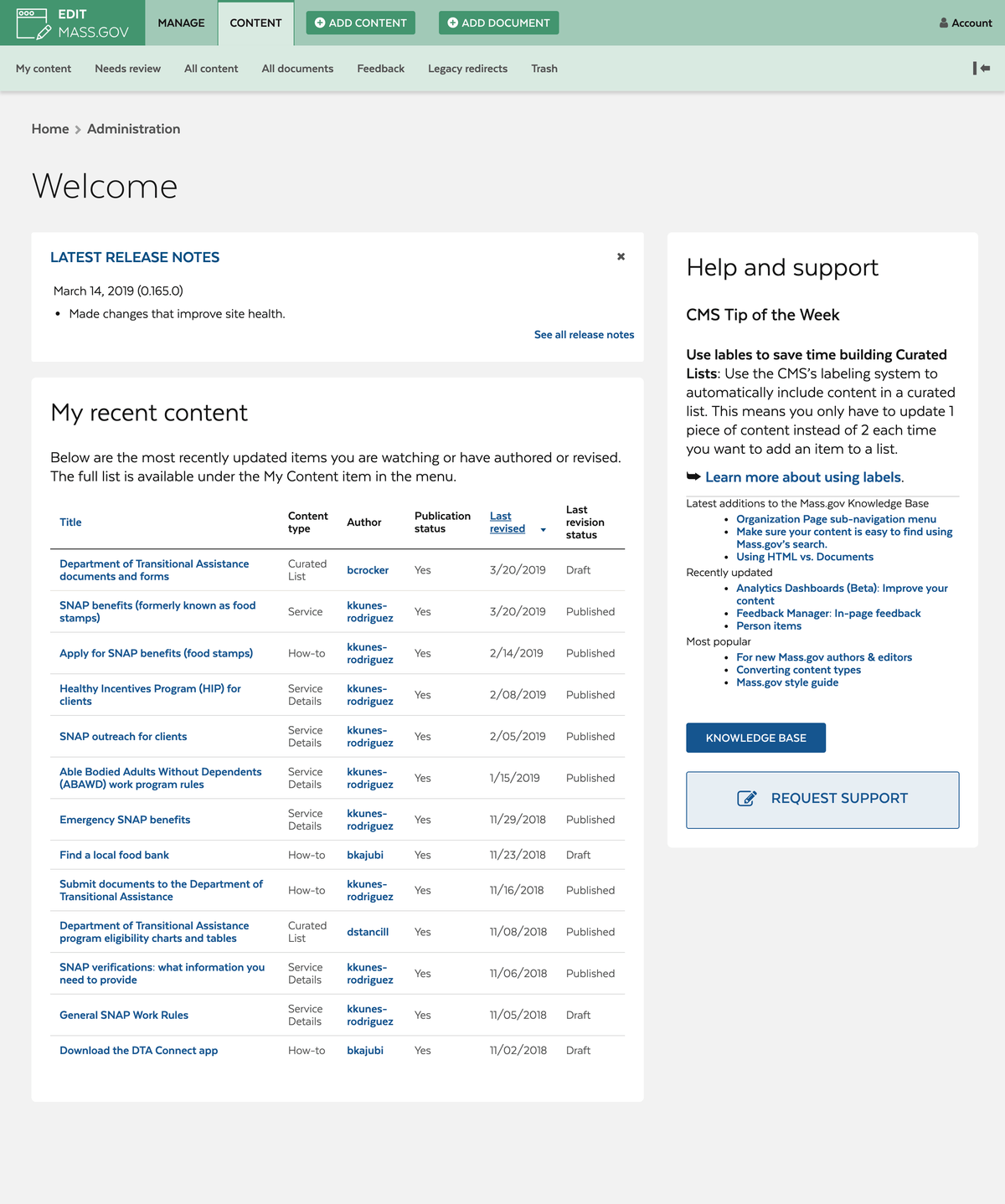 The Mass.gov Admin Theme homepage