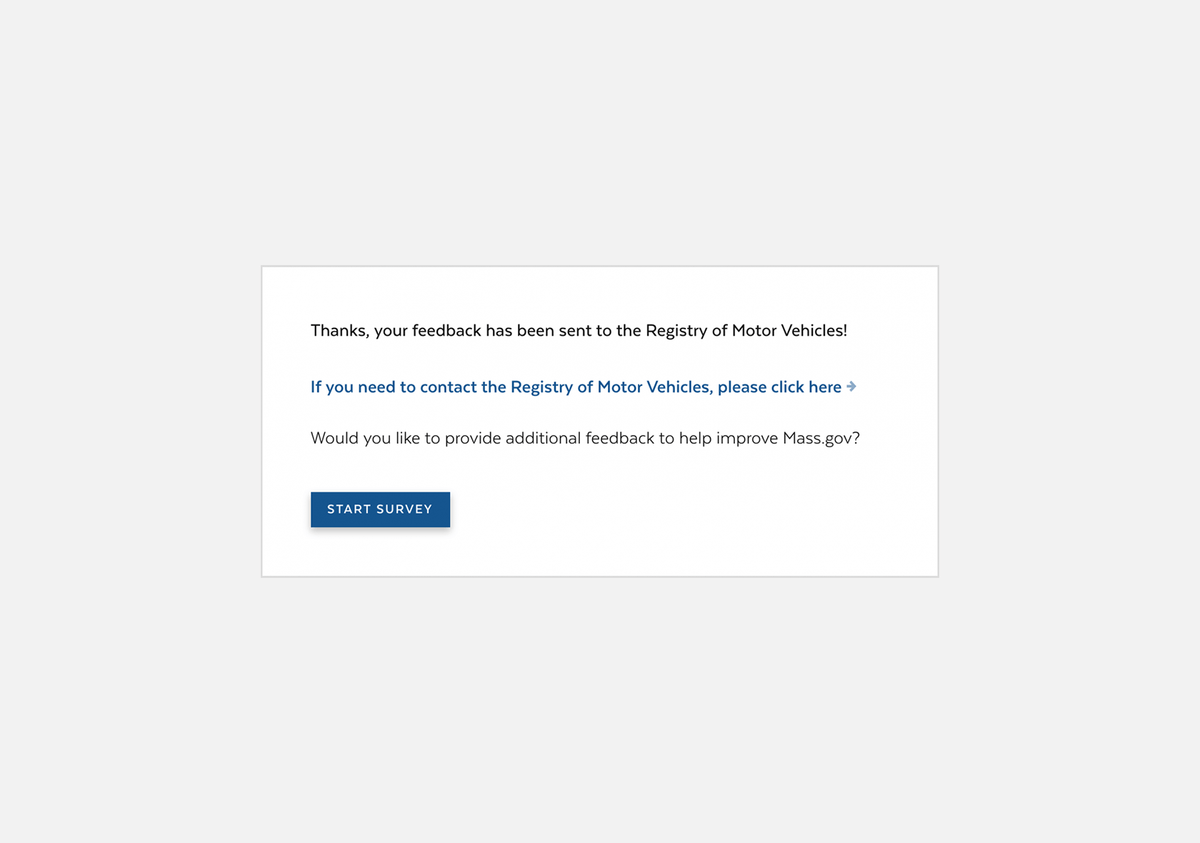 Website component thanking users for their feedback, offering them a link to contact the RMV, and asking if they would like to take a survey.