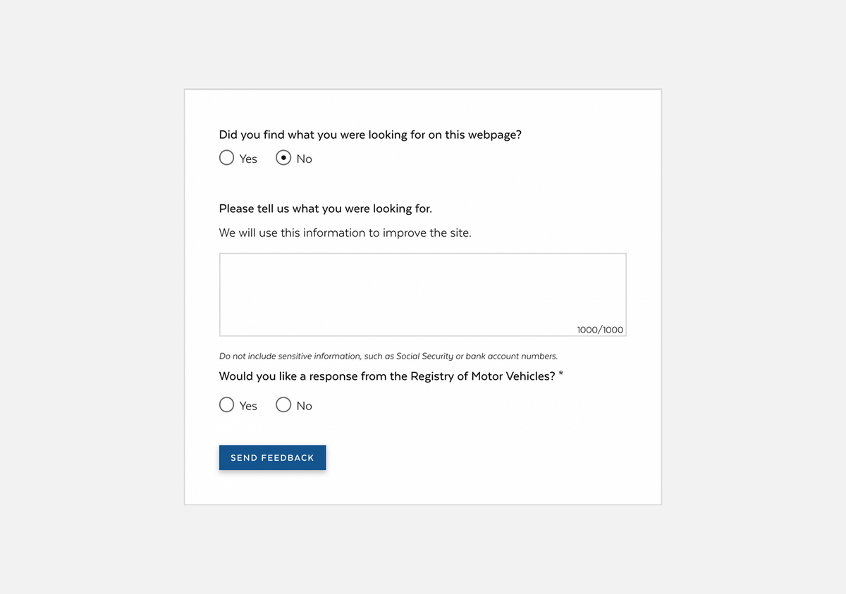 Feedback form asking users if they found what they were looking for, with a larger text field below asking them what they were looking for and a radio button asking if they'd like a response, followed by a submit button.