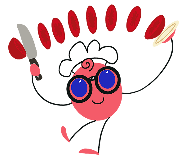 lil NERDy character slicing a tomato over their head