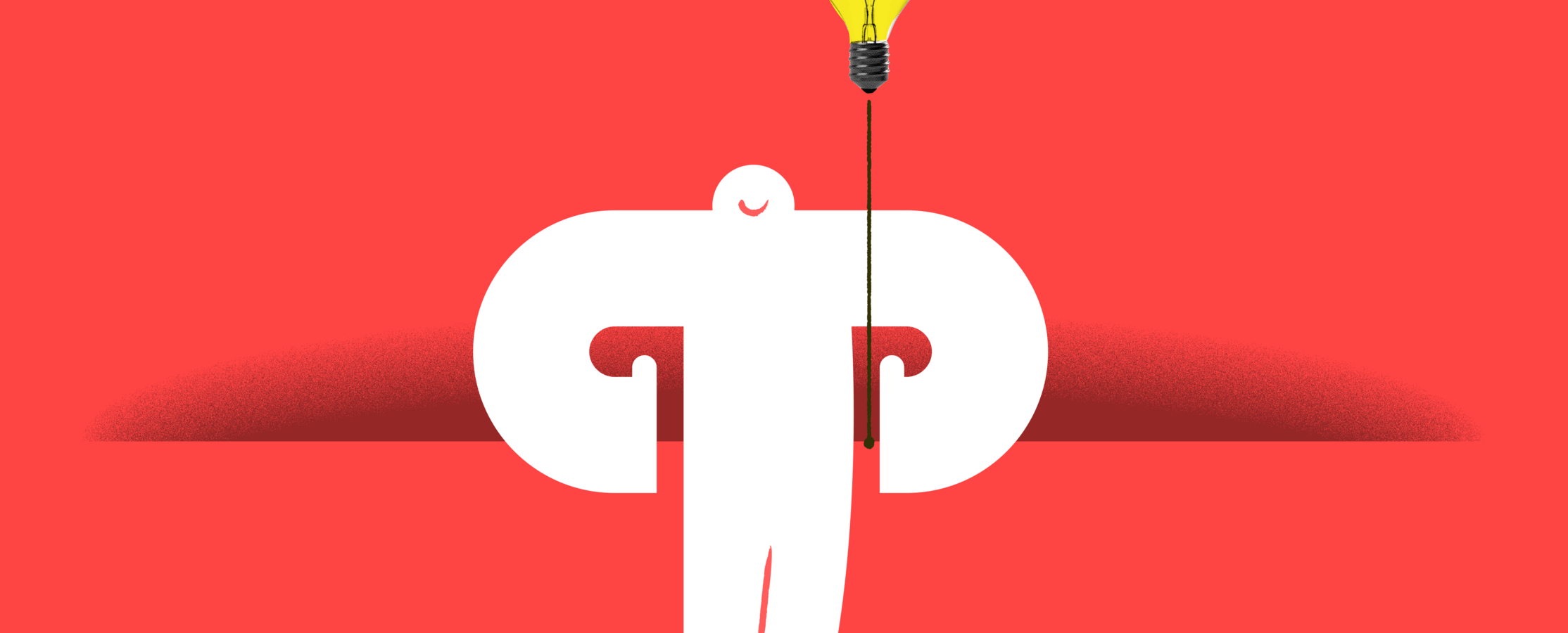 White yeti standing against a red background holding a floating light bulb connected by a string