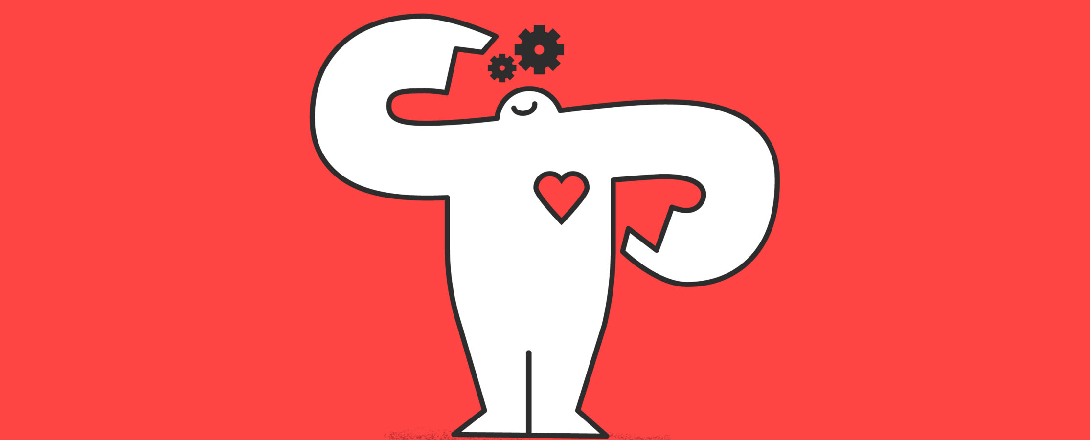 A white cartoon yeti with a red heart on their chest, and gears above their head