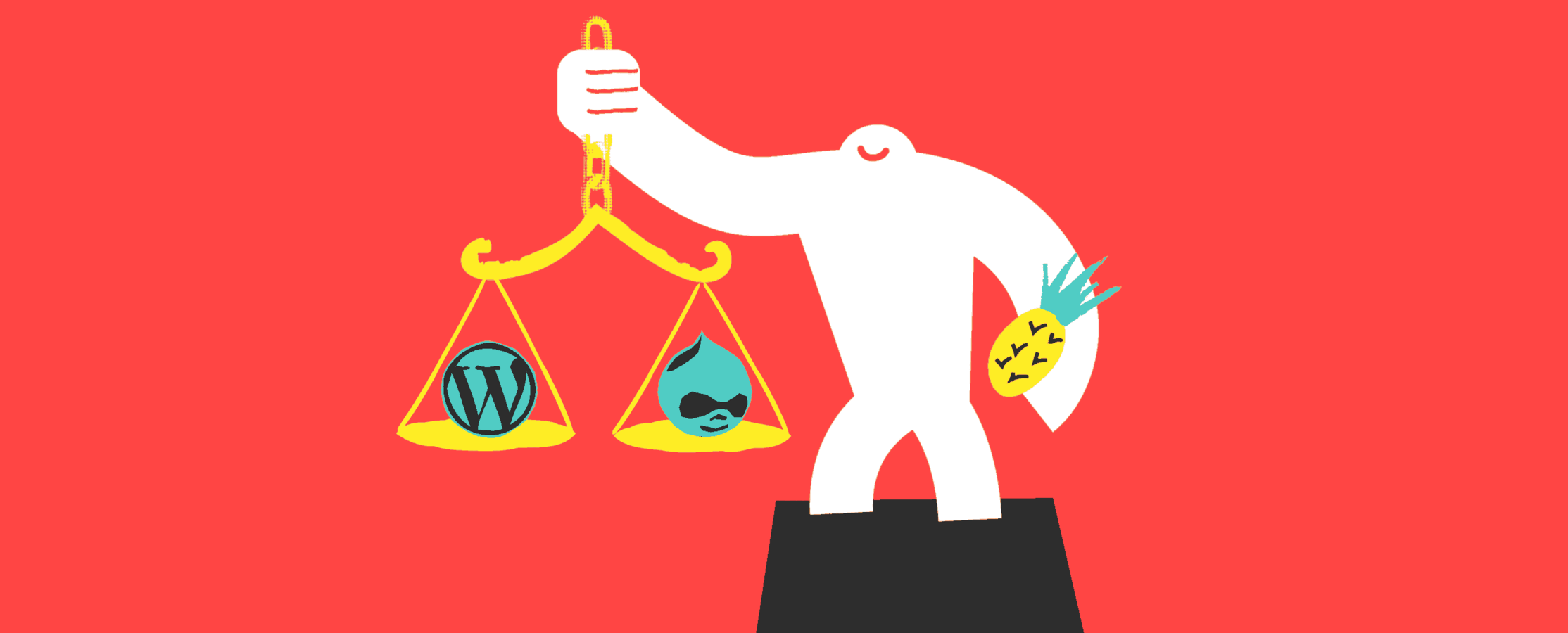 Yeti balancing Wordpress and Drupal logos on scale