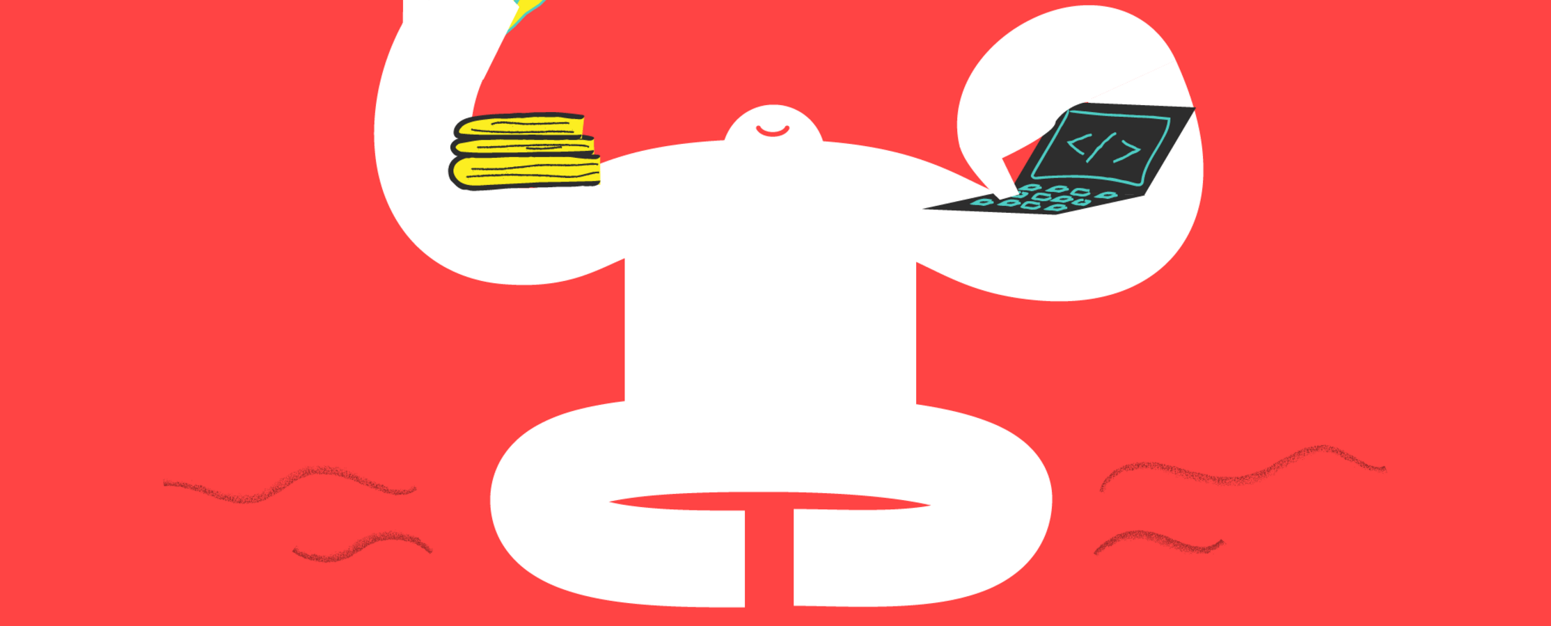 A white cartoon yeti meditating with books in their left arm and a laptop in their right arm. 