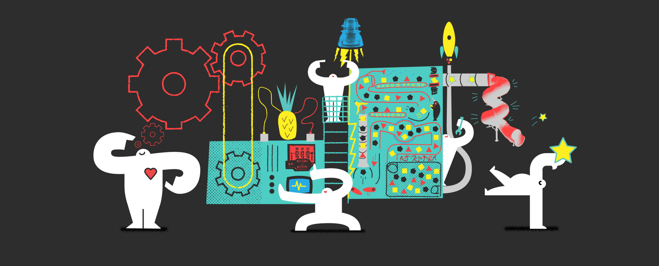 Yetis working at a Rube Goldberg machine