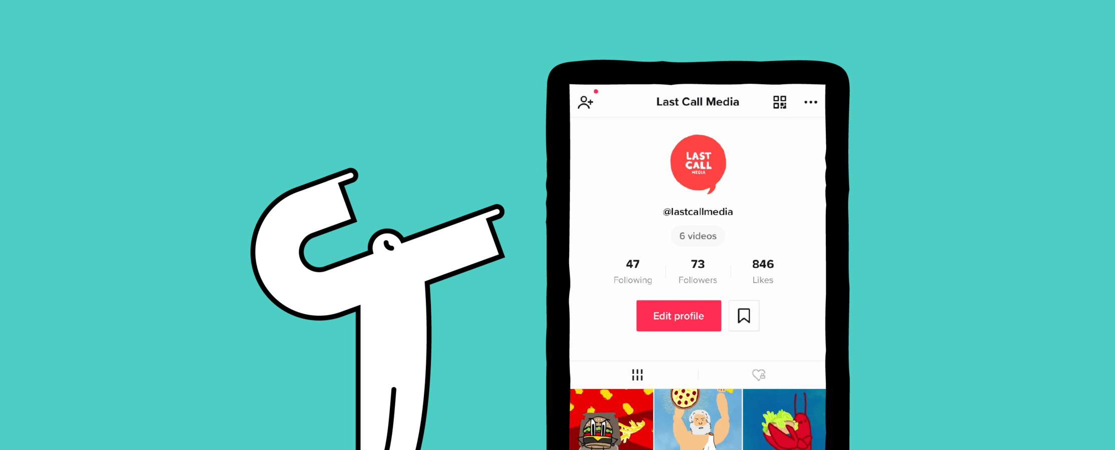 Yeti pointing to phone featuring Last Call Media's TikTok profile