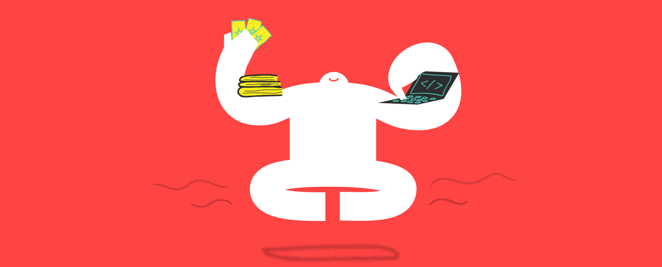 Yeti sitting, holding a laptop in one arm, and books and tarot cards in the other.