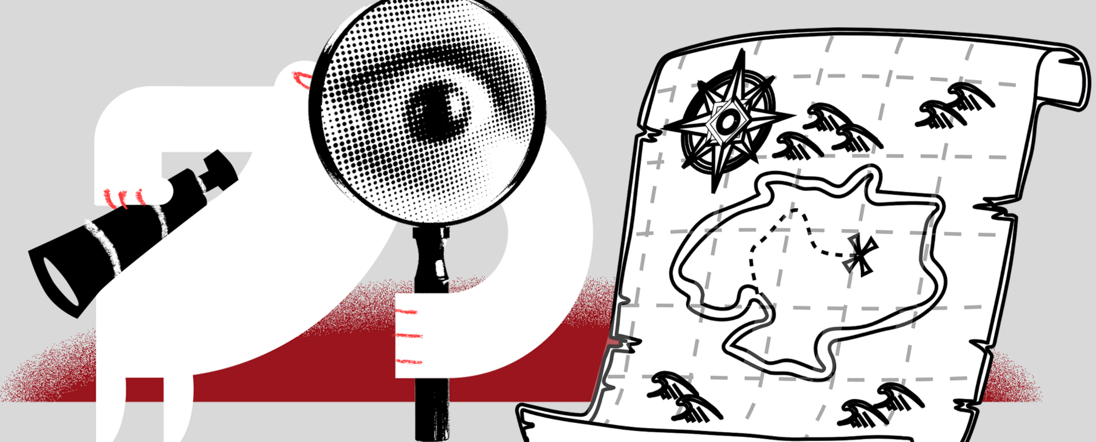 Yeti inspecting a map with a large magnifying glass.