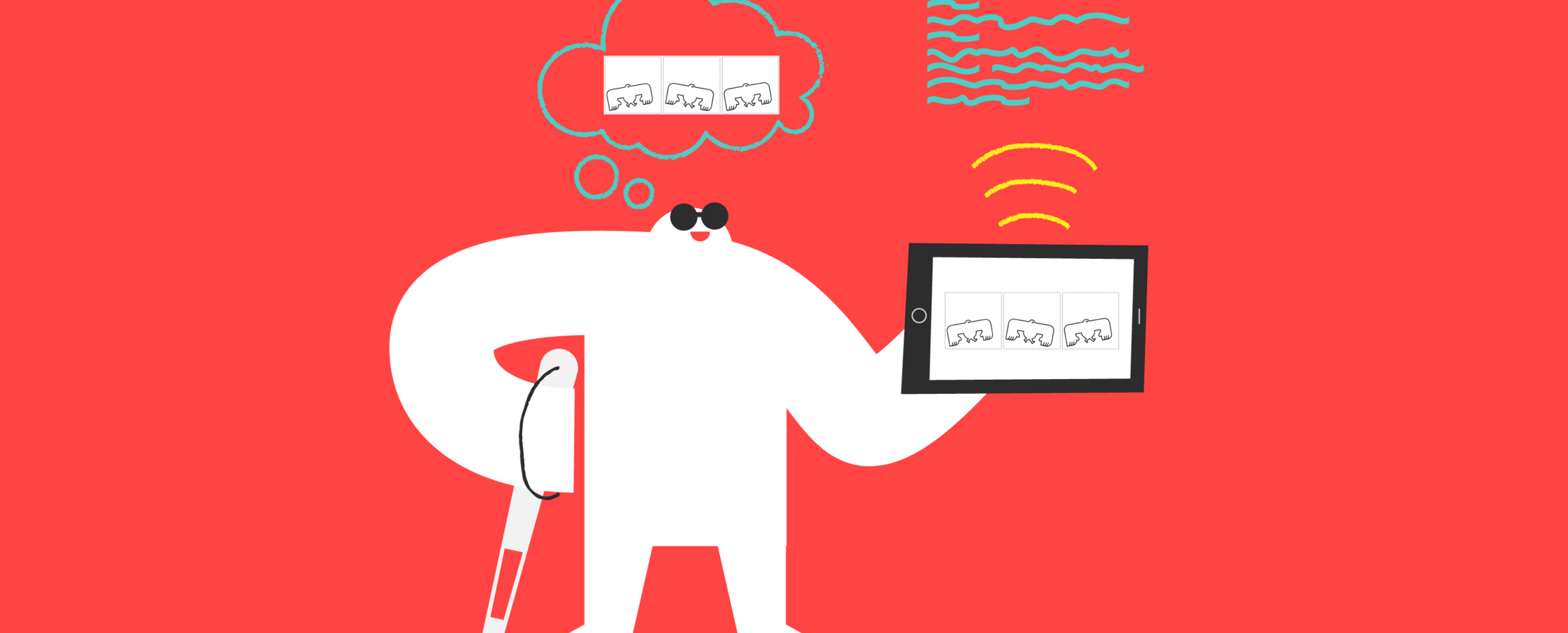 A yeti with a white cane and dark glasses listens to comic strip alt text and imagines the comic strip.
