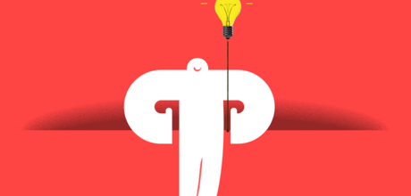 White yeti standing against a red background holding a floating light bulb connected by a string
