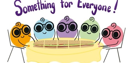 Bunch of hand drawn lil Nerdies sitting around a table with the text "something for everyone" over their heads