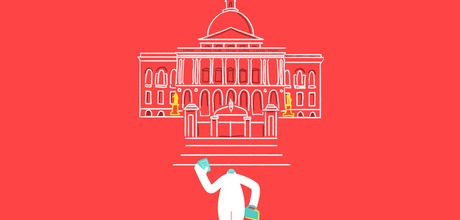 Yeti looking at the Massachusetts State House