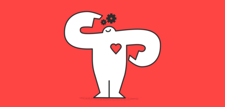 A white cartoon yeti with a red heart on their chest, and gears above their head