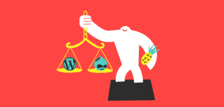 Yeti balancing Wordpress and Drupal logos on scale
